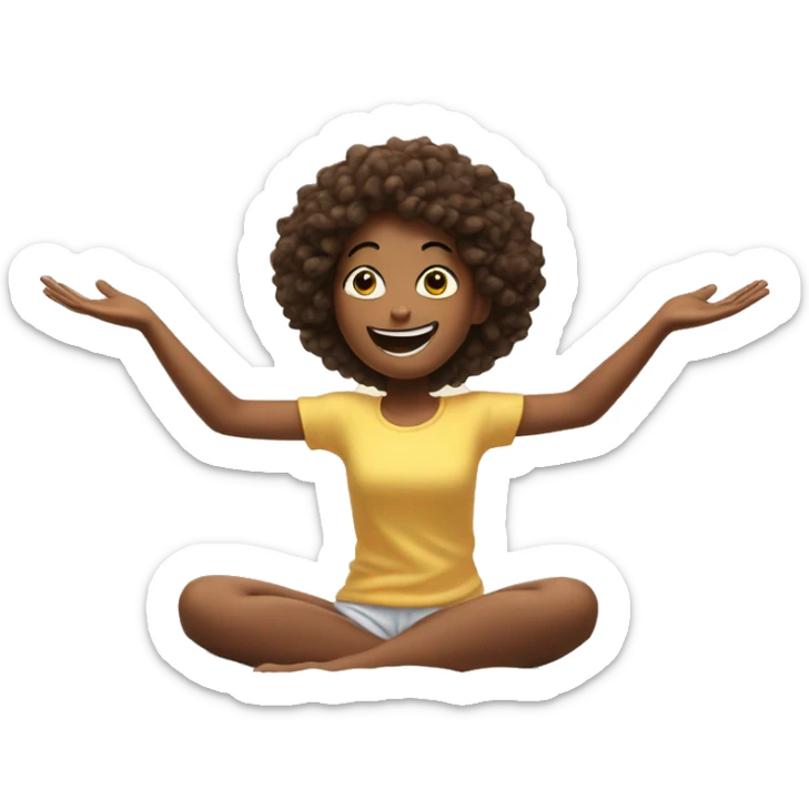 Happy girl wakes up in bed and stretches hands up in the air  sticker