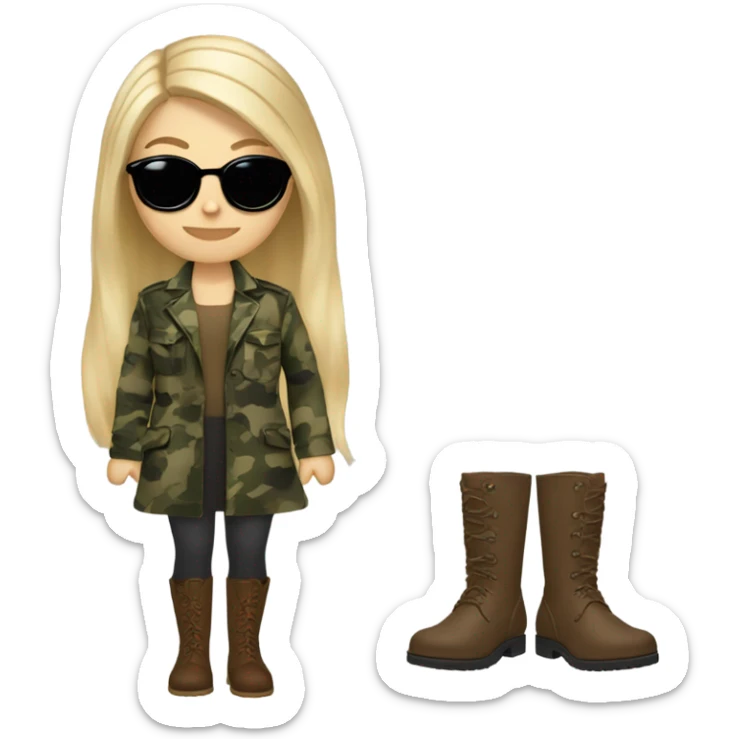 White girl with Long blonde hair and round sunglasses, camouflage Wool oversize blazer, mini dress and Brown leather boots  sticker