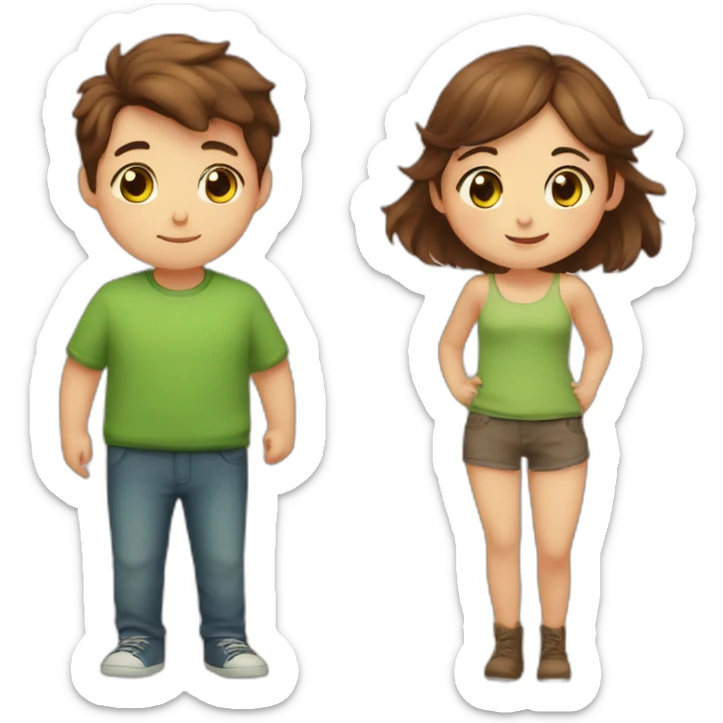 Girl with brown eyes and brown hair kisses boy with brown hair and green eyes and hugs brown fat cats sticker