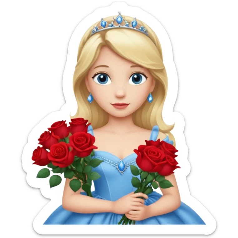 Blonde haired, blue eyes princess holding a bouquet of roses wearing a princess gown sticker