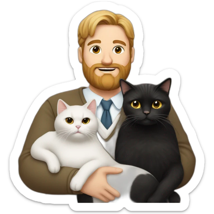 Family photo a fat husband with a beard is holding a white cat and wife with straight hair is holding another black cat sticker