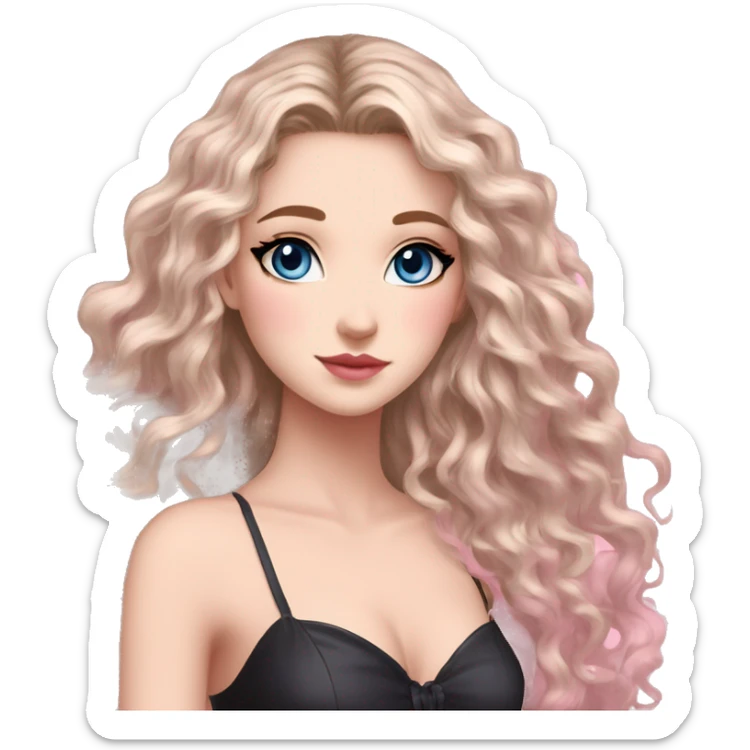 White girl 🧝🏻‍♀️, blue eyes, blond very long curly hair, pink lips, black arrows and brown eyeshadows, pink gradient sexy dress. Background long. Sakura levitate. sticker