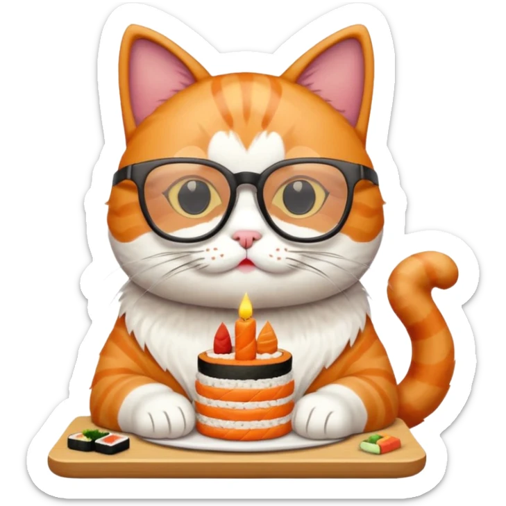 cat with cool square shaped glasses eating a birthday cake made out of sushi sticker