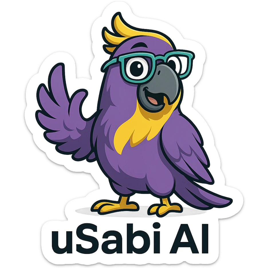 Nigerian parrot mascot for 'uSabi AI' with vibrant purple and yellow feathers, friendly tech-inspired expression, playful pose, modern and approachable style suitable for a tech brand sticker