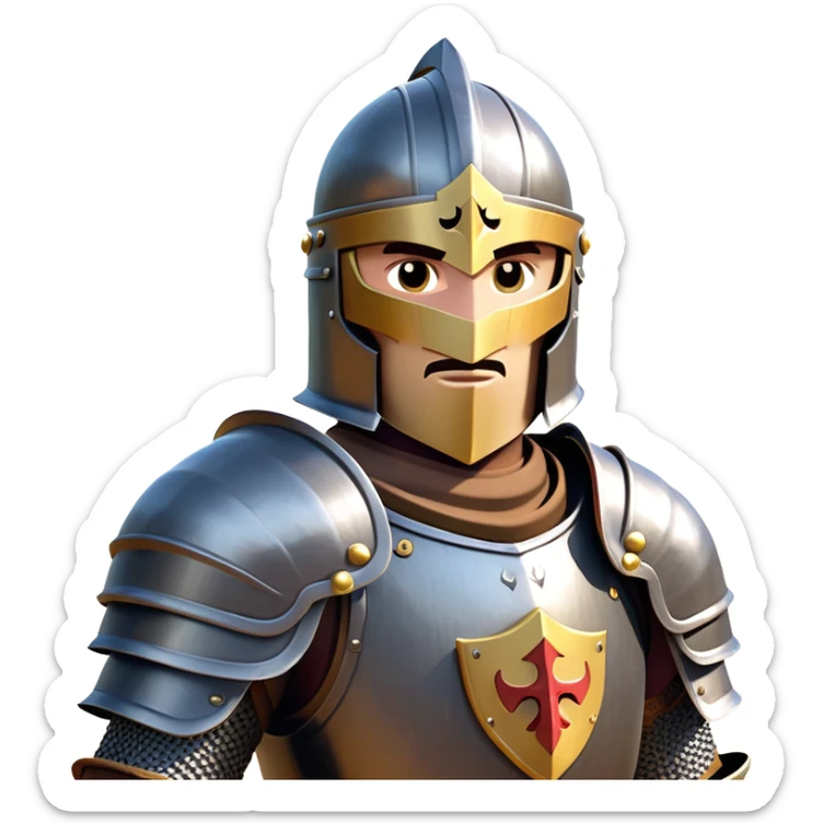 clash-of-clans-aesthetic_-cinematic-fearsome-and-majestic-knight-bust-portrait-emoji, rendered in a flat, vector-style with minimal shading and bold, simplified shapes, depicting a battle-ready medieval knight with steely eyes and intricate armor, mounted on a warhorse reflecting sunlight over a misty battlefield. sticker