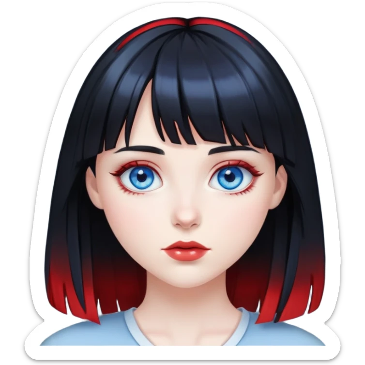 Pale girl with blue eyes, black hair with red highlights and bangs sticker