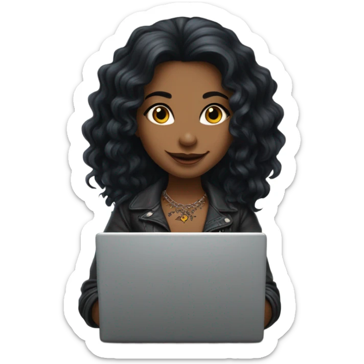 beautiful girl with tattoos, with long black hair, wavy hair, with big laptop sticker