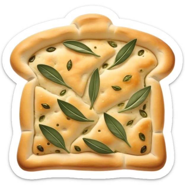 Focaccia Cinematic Realistic Focaccia Bread Dish Emoji, depicted as a golden, olive-oil brushed flatbread sprinkled with herbs, rendered with lifelike textures and warm, inviting lighting. sticker