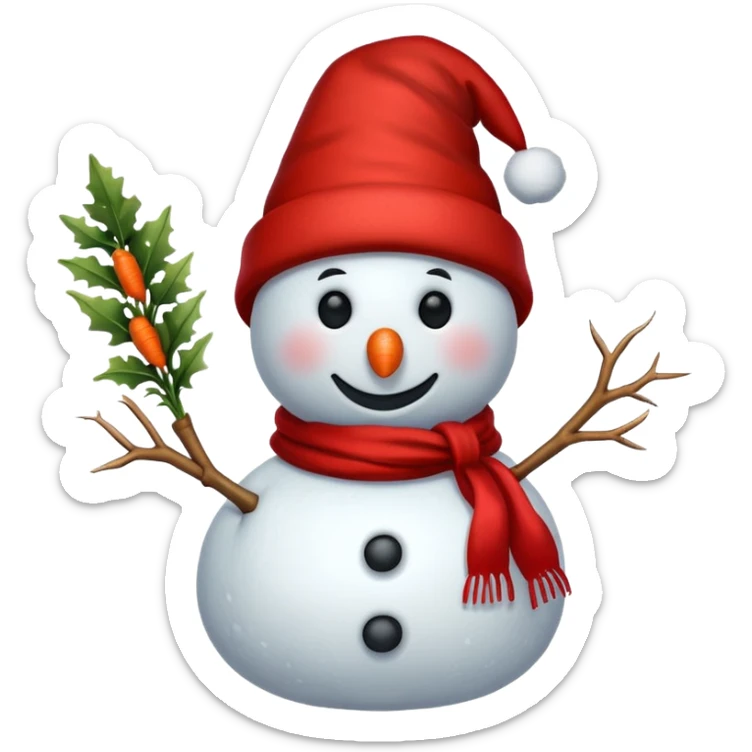 a snowman in a red scarf with the "S" logo and a red New Year's hat sticker