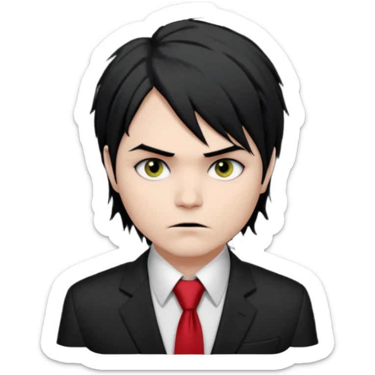 Gerard Way (Revenge Era)
Round, simplified emoji style
Pale skin tone
Jet-black, shoulder-length hair messy and emo
Heavy eyeliner and slight red shadow under the eyes
Subtle serious
Hint of red tie visible on black button up shirt.
Transparent background. Black eyeliner. Messy emo hair sticker
