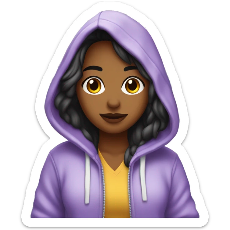 chica de iel blanca, ojoscafes, cabello negro lago con un hoodie color lila qeu se vea cerca sticker
