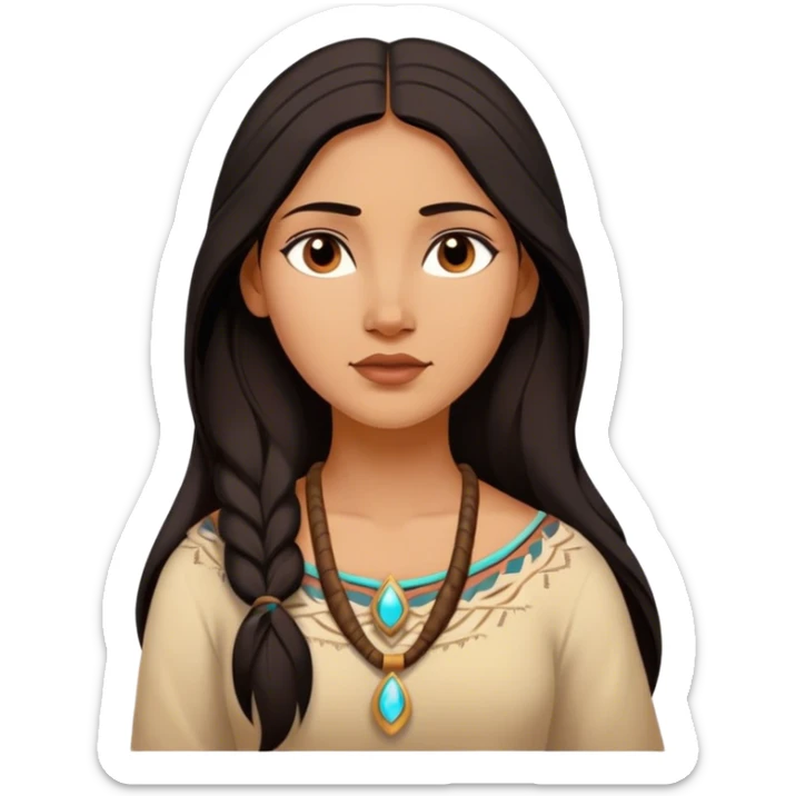 Cinematic Serene Pocahontas Portrait Emoji, rendered in a realistic, simplified vector style. Depict a gentle Pocahontas (chest and above) with warm, glowing skin, loosely flowing dark hair, and a calm, reflective expression, wearing modest traditional attire in earthy hues. The image is bathed in a soft, inviting glow with high shine and a soft glowing outline. sticker