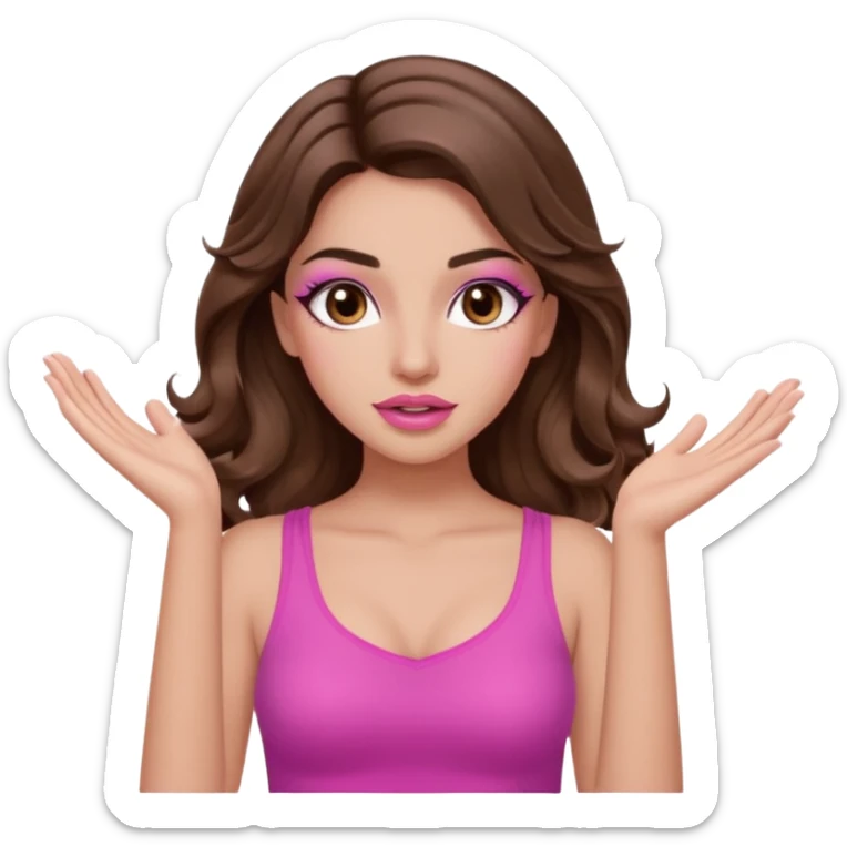 girl with long wavy brown hair, brown eyes, long lashes makeup, sexy pink lips, light to medium complexion, pink sexy top, two hands up, shrugging sticker