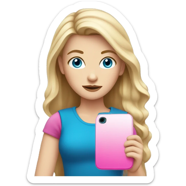 a white girl with blue eyes and dark blonde holding a pink cell phone sticker