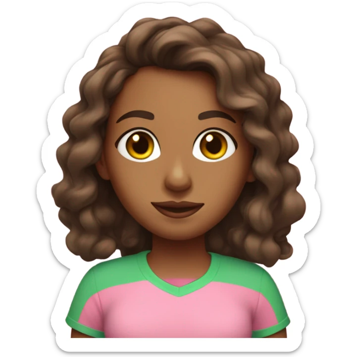 brown girl with below shoulder length hair with loose curls  wearing pink t-shirt with green trim  sticker