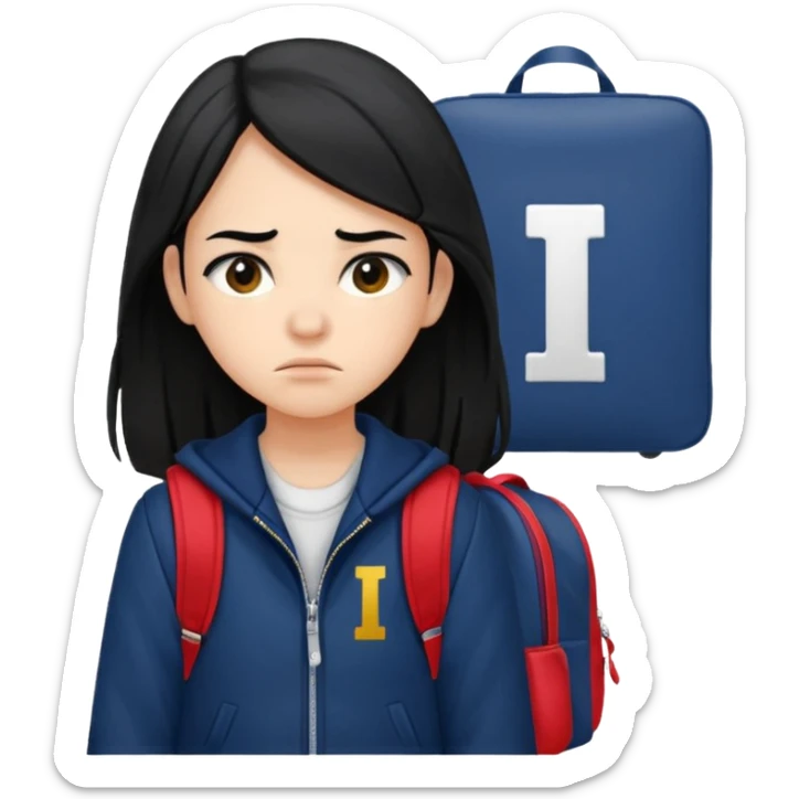 college student with annoyed face , black hair , with navy varsity jacket( initial I) and backpack , girl, long hair,  sticker