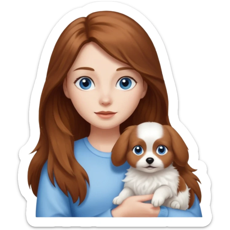 long hair chestnut color blue eyes woman holding small just white dog sticker