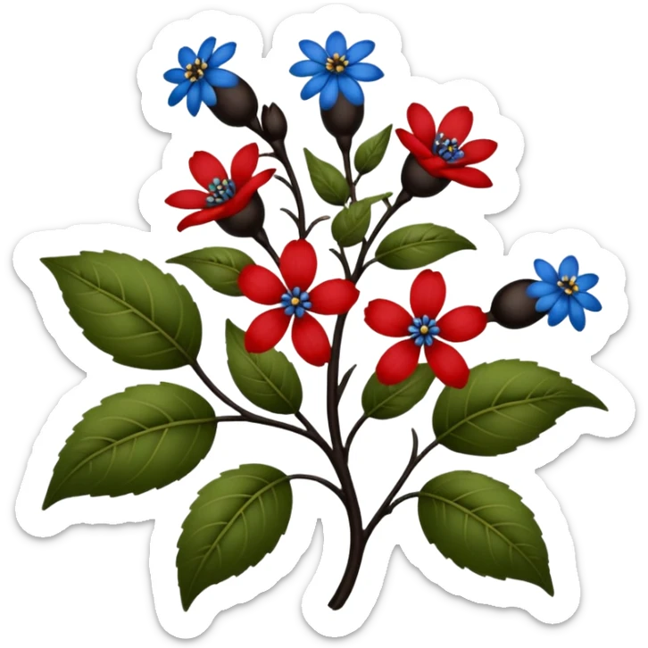 dull green leaves & red & blue flowers filigree design & small fruits& ebony branches, extremely detailed, complex design sticker