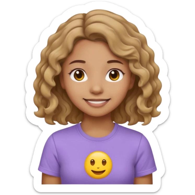 a girl with light brown skin tone, 2b wavy hair, wearing a lavender t-shirt, emoji style sticker