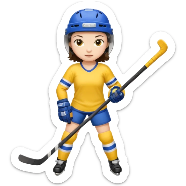 Girl hockey player with yellow jersey full body brunette with helmet sticker