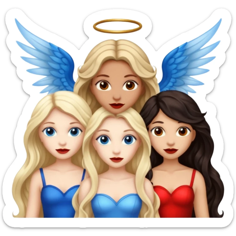 Three women as devil fairies , brown eyed light skin with dark blonde long hair and Brown eyed light skin black long wavy hair and blue eyed light skin long blonde hair with wings sticker
