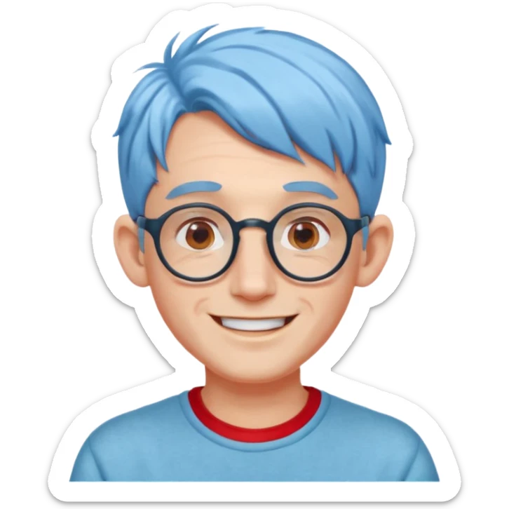 light blue haired man mid length hair with big ears and red earrings and spectaclesi happy sticker