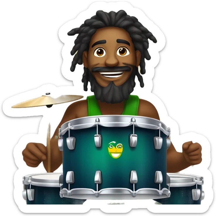 Illustrate a Brazilian drummer with tied hair, a beard, and Rastafarian style, with an expression of pure happiness while playing drums in a live stream. Make sure the logo "GG Lukas Drummer" is in the background. sticker