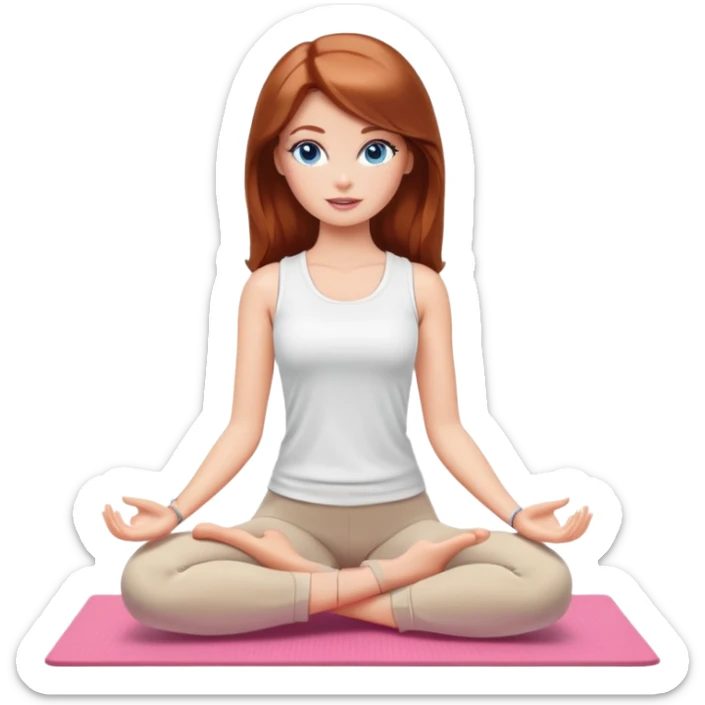 A Barbie girl with blue eyes, shoulder-length reddish-brown hair, made-up, wearing a white T-shirt and beige leggings, does yoga sticker