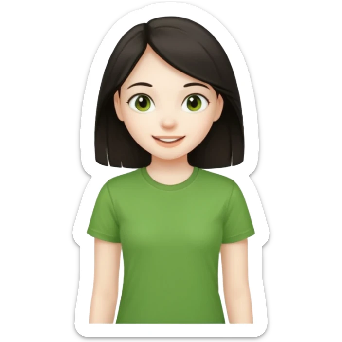 Young girl with straight, dark hair, damaged and unattractive, wearing a green T-shirt, looking happy and cheerful. sticker