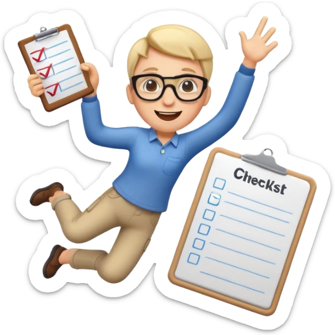 playful product owner emoji, person with glasses and a checklist, jumping or celebrating sticker