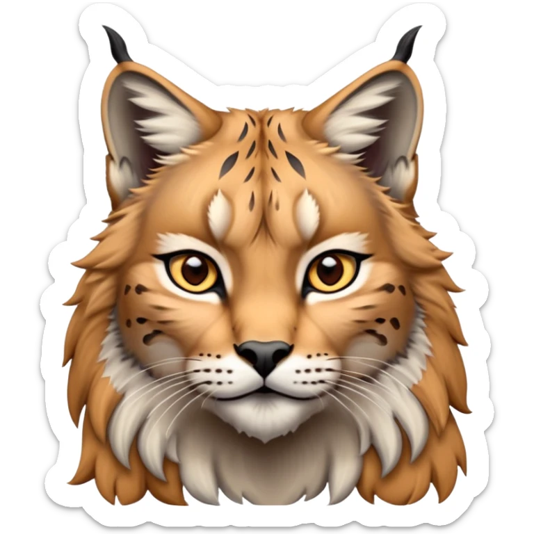 Cinematic-Noble realistic-Lynx-Portrait-Emoji – Poised and regal, with a strong, agile build and a strikingly patterned fur of warm tawny fur accented by bold black ear tufts, deep-set, intelligent amber eyes, simplified yet sharp and sophisticated. zoomed out to show shoulders sticker