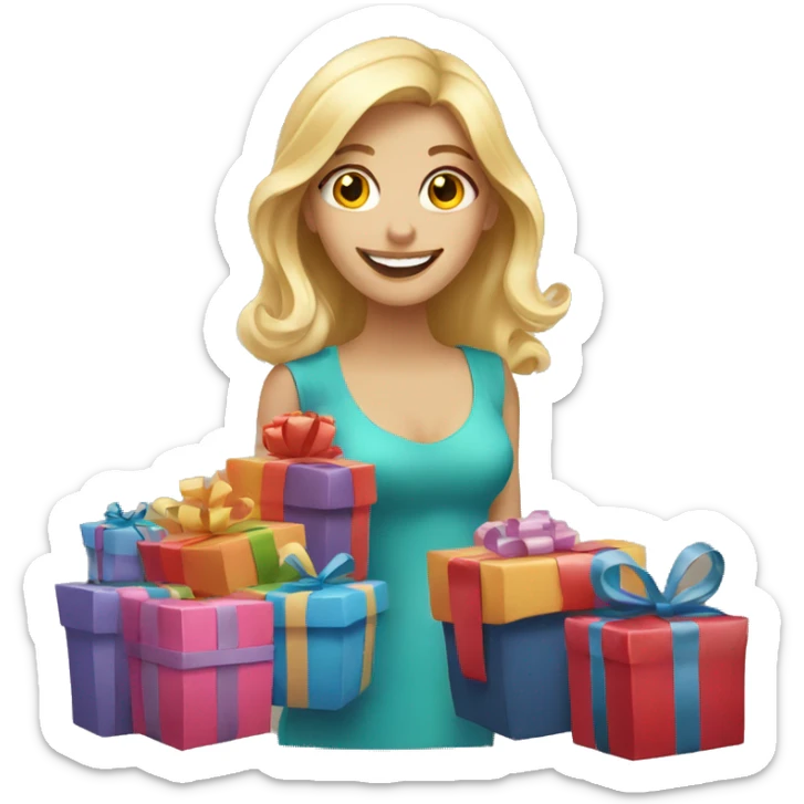happy blonde woman with a lot of gifts sticker