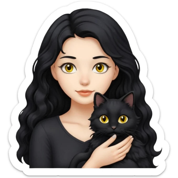 una ragazza di circa 25 anni, capelli lunghi ondulati neri con in braccio un gatto nero sticker