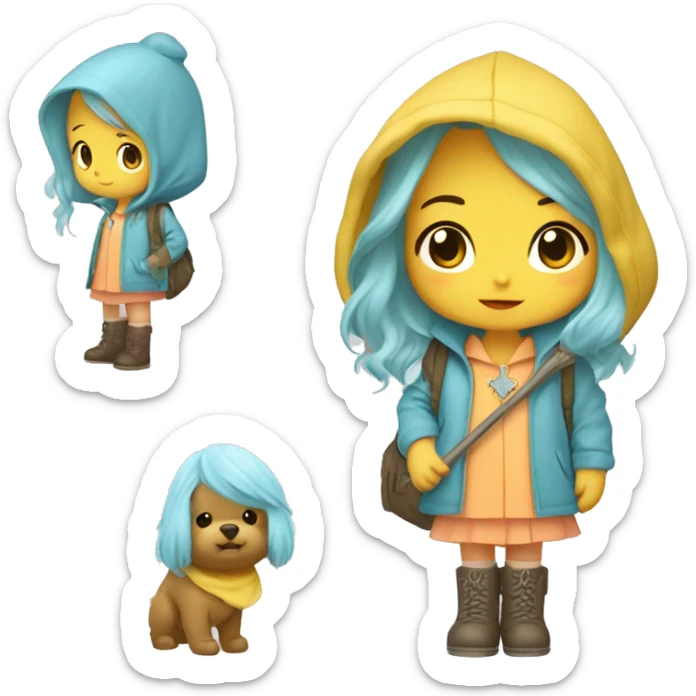 Cute little girl with light blue hair with peach skin, with yellow raincoat hooded with boots holding a shepherd staff, with a cross necklace, Sanrio design sticker