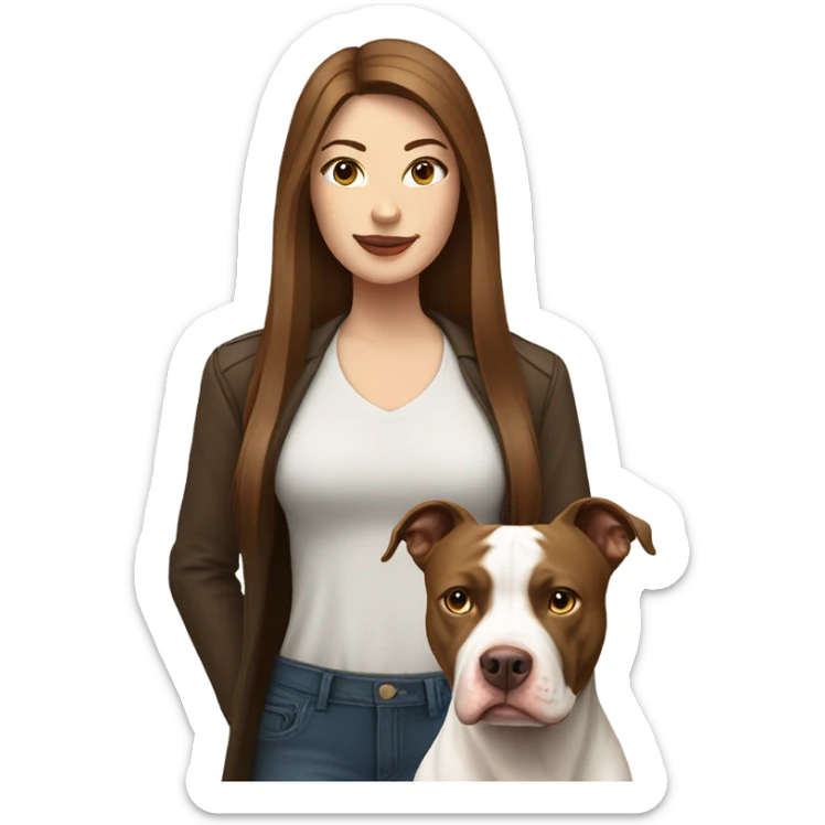 white woman with straight long brown hair standing alongside a white pitbull sticker