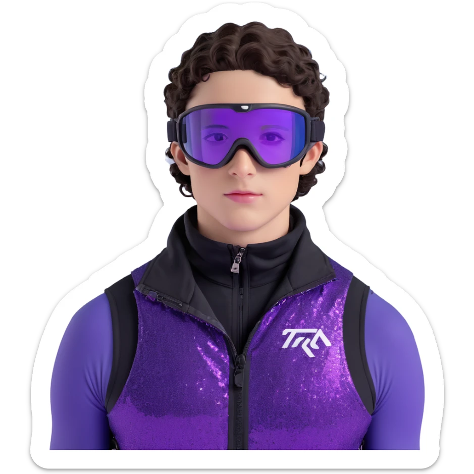 close-up of male athlete with white skin and moderately curly dark brown hair on top with shaved sides, wearing ski goggles with purple frames and very dark black lenses, a simple plain black chain necklace, and a completely unzipped sleeveless vest with purple and black sequin fire pattern design with no logo, frame centered on face and upper chest sticker