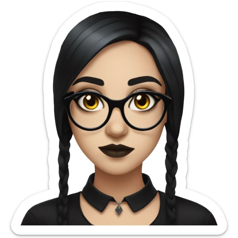 Goth girl with glasses and graphic eyeliner and black hair wearing a black shirt sticker