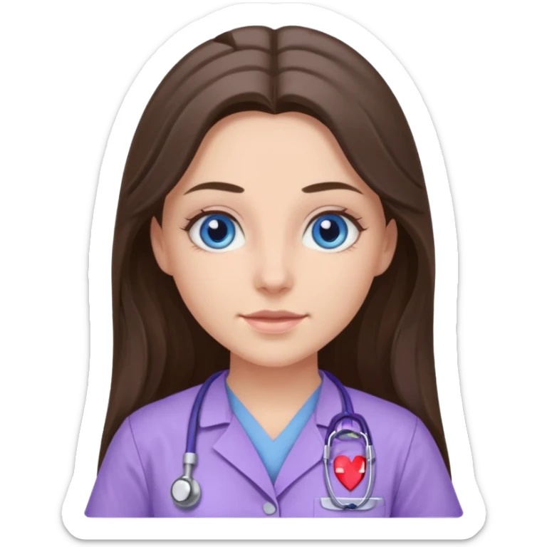 pretty brunette nurse with long hair and blue eyes in lilac scrubs sticker