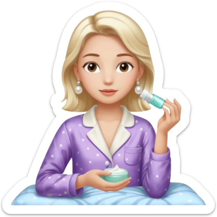 Clean girl aesthetic emoticons, apply skincare products, pearl earrings, glowing skin, pajamas, soft lighting sticker