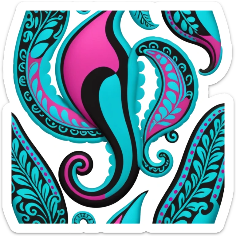 paisley motif, seamless pattern print in colors of bright and bold black, white, fuchsia pinkand turquoise. Must be visually appealing, 8k hd, 3000x3000, DPI 300 sticker
