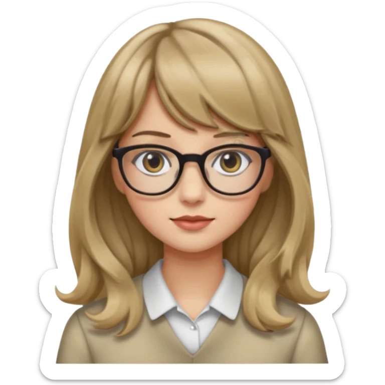 Uma garota de cabelo ondulado loiro escuro,mas com franja lisa e olhos pretos,usa óculos e a cor de pele branca,e o cabelo LONGO sticker