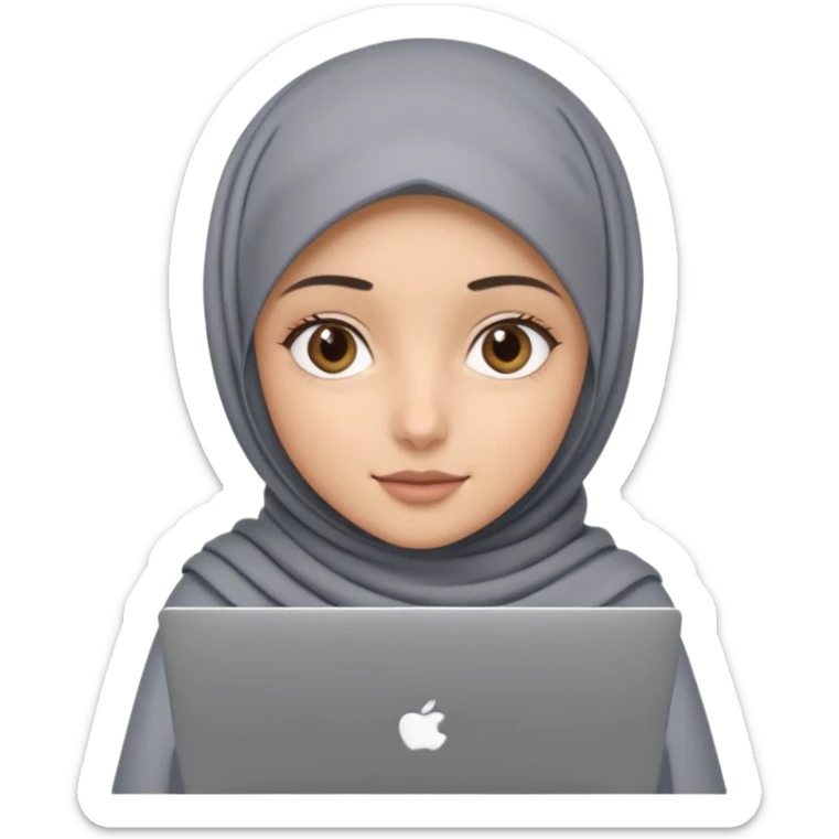 A girl with a gray hijab and hazel eyes is holding a MateBook laptop. sticker