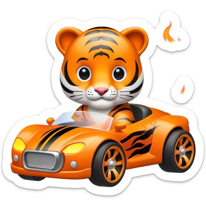 cute tiger in toy hot wheel car with THE CAR wheels are on fire sticker
