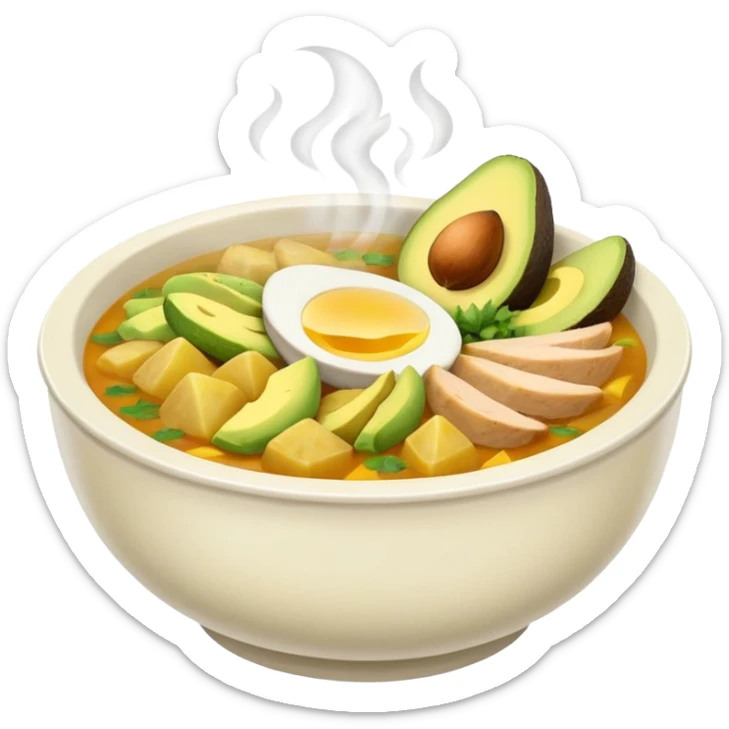 emoji of steaming bowl of Colombian ajiaco soup with typical ingredients, classic emoji style, light background sticker