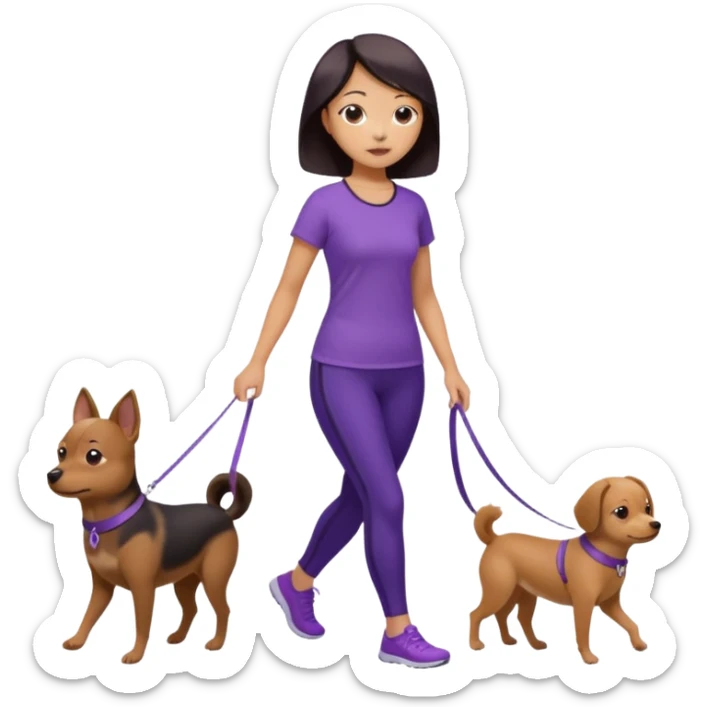 Chinese woman wearing purple top and black leggings walking 1 small brown dog sticker