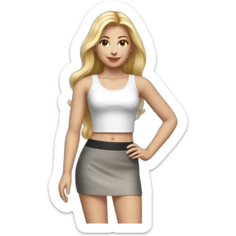 hyperrealist caucasian female with long blonde hair brown eyes white tank top gray tight mini skirt black high heeled shoes sticker