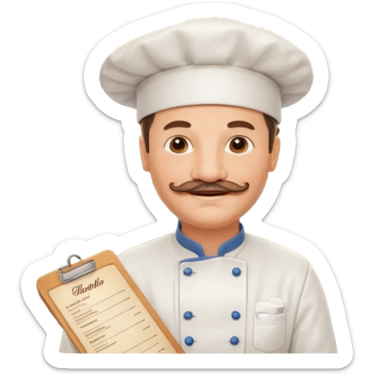 Est-ce que tu peux me faire un chef cuistot qui ressemble à Philippe Etchebest et qui est devant un restaurant? Est-ce que tu peux le faire souriant, avec une moustache de cuistot? 
 sticker