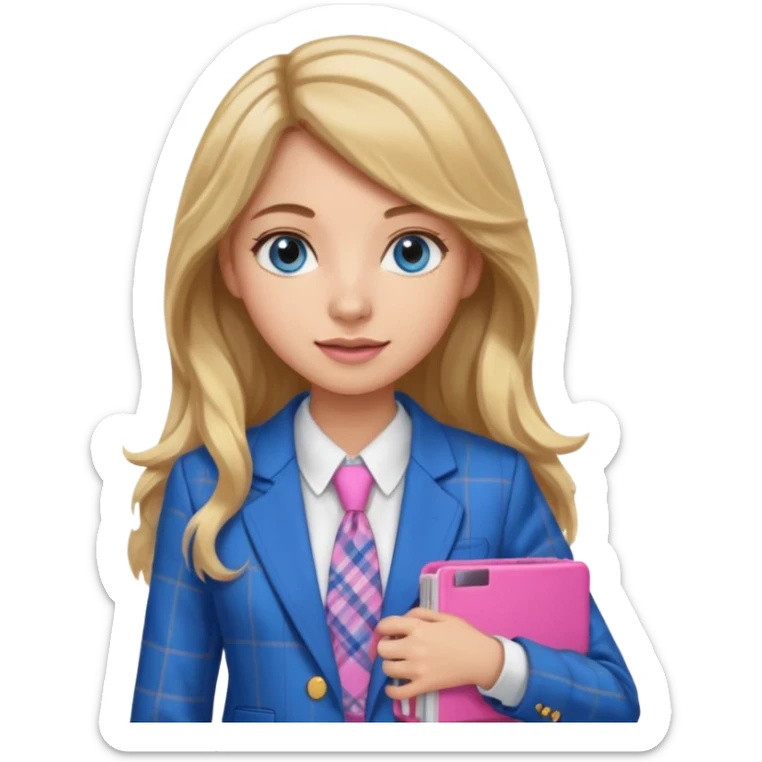 pretty female with long wavy brown hair with blonde highlights and blue eyes holding a pink calculator wearing school uniform which is a blue blazer and white blouse sticker
