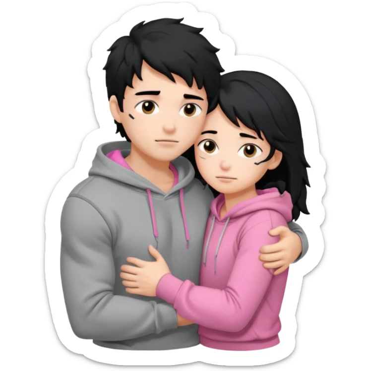 generate a pretty bratz fair skinned boy with messy black hair in a grey hoodie. Hugging his girlfriend who is wearing pink. Make him muscled. Boy in grey hoodie, girl in pink sticker