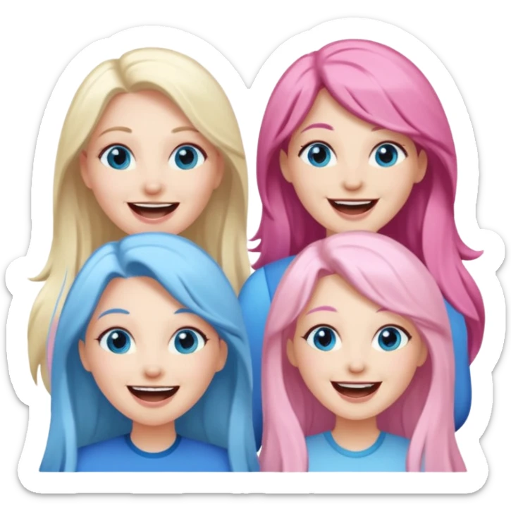 four adult white women laughing and smiling.  Two have long dark brown hair.  One has long pale pink hair and blue eyes. one has with blue eyes and light blonde hair. sticker